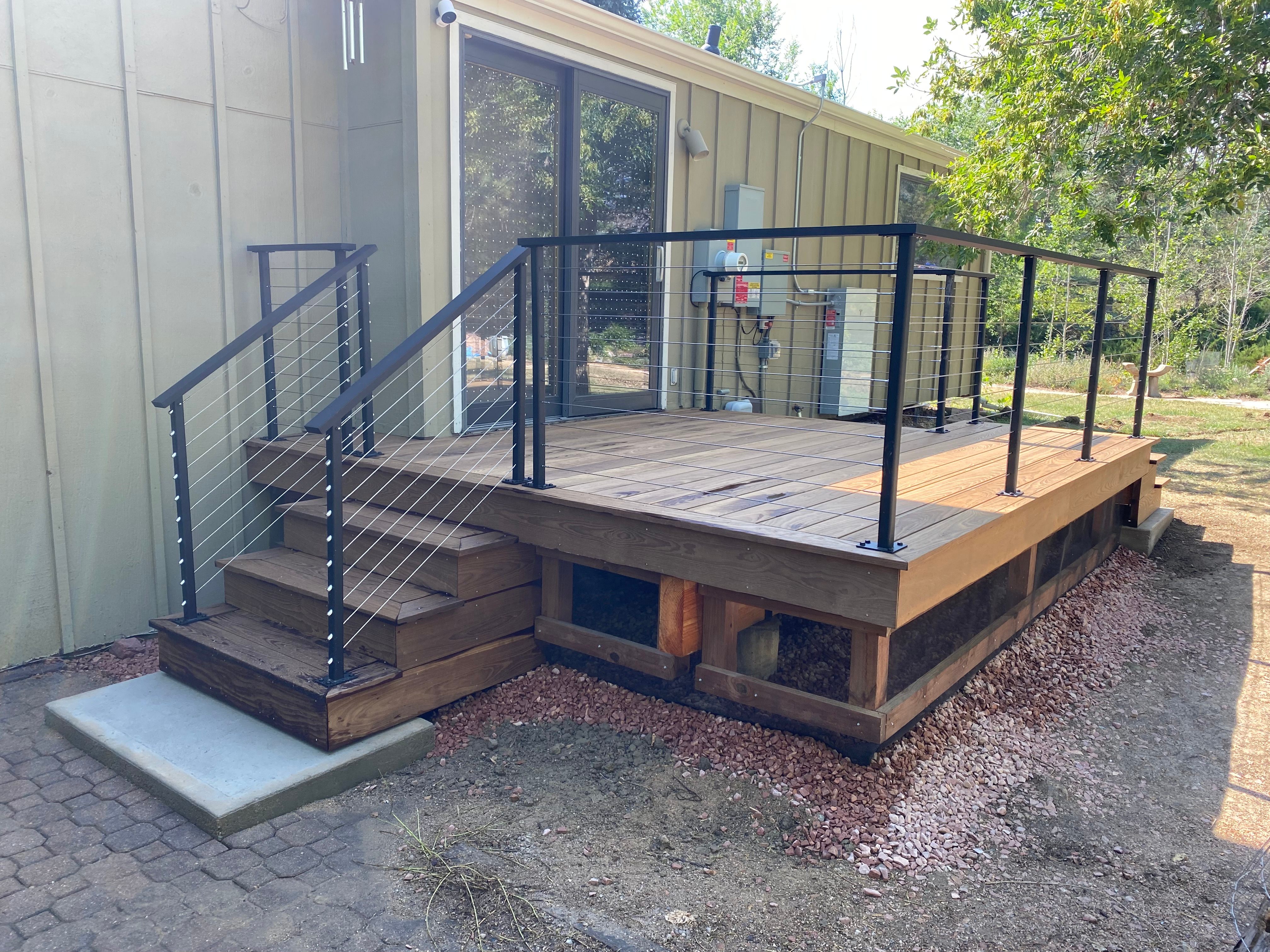 Angled view of the deck showing the picture-frame decking pattern
